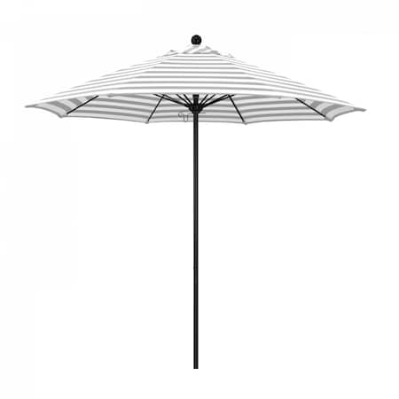 9' Black Aluminum Market Umbrella, Olefin Gray White Cabana Stripe
